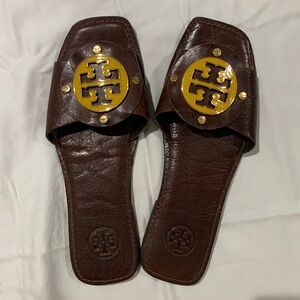 Tory Burch Brown and Yellow Leather Slides Size 9.5 Like New